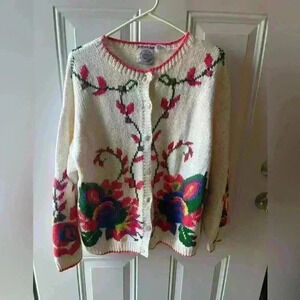 Vintage Cape Isle Knitters Floral Cardigan Sweater Handmade size m